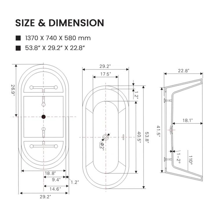 54'' x 29'' Freestanding Soaking Acrylic Bathtub