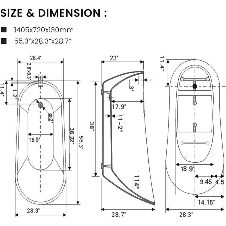 Maya 55" x 28" Freestanding Soaking Acrylic Bathtub