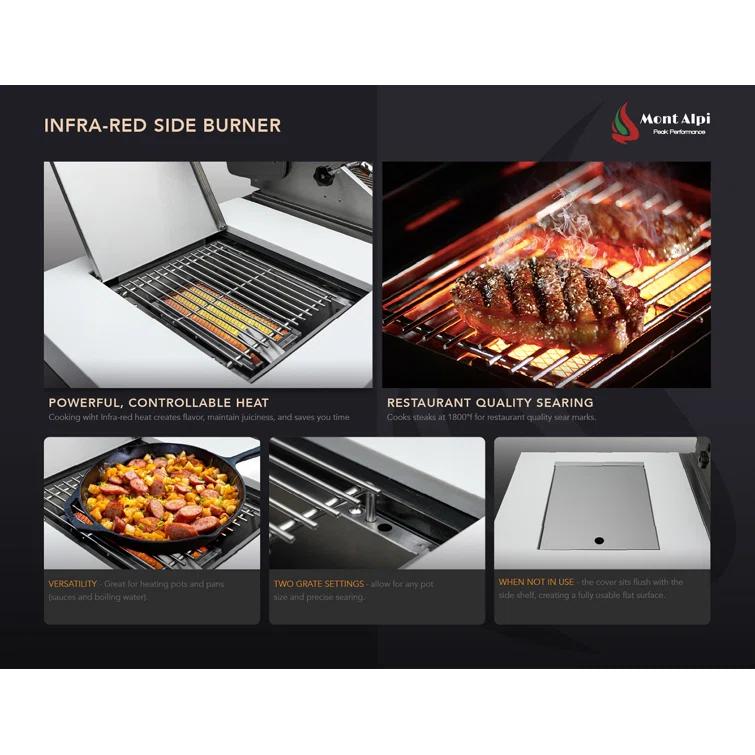 Mont Alpi 805 6-Burner 115000 BTU MAi805-D45FC U-shaped Stainless Steel Deluxe Modular Outdoor Kitchen BBQ Island Grill + Fridge Cabinet - 2 Infrared Burners, White Granite Countertops, Rotisserie Kit