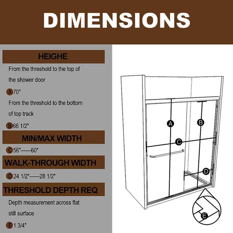 60" W X 70" H Semi- Frameless Double Sliding Bathroom Shower Door With Clear Glass
