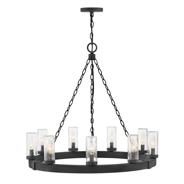 Hinkley Sawyer 30" Nine-Light Outdoor Candle Chandelier w/ Clear Seedy Glass Shades