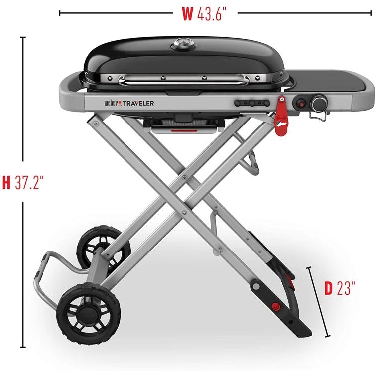 Weber Traveler Portable Outdoor Porcelain Coated Cast Iron LP Gas Grill, Black