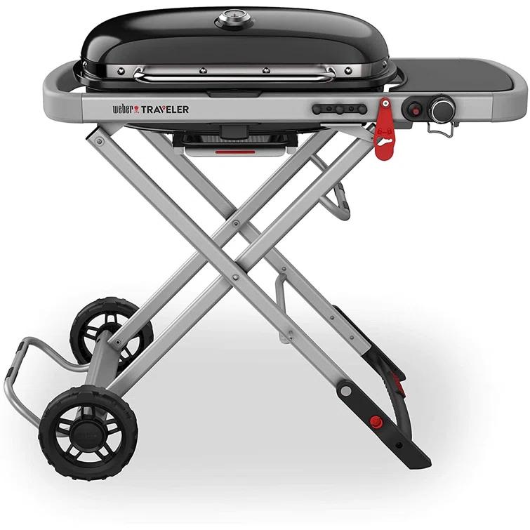 Weber Traveler Portable Outdoor Porcelain Coated Cast Iron LP Gas Grill, Black