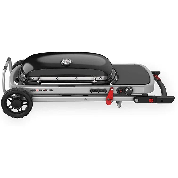 Weber Traveler Portable Outdoor Porcelain Coated Cast Iron LP Gas Grill, Black