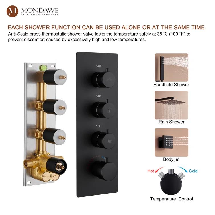 Herathena 3 Functions Wall Mounted Luxury Shower System with 6 Body Jets (Rough-in Valve Included)