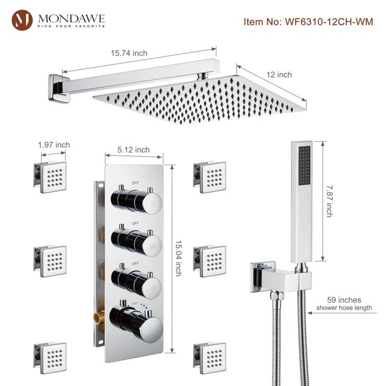 Herathena 3 Functions Wall Mounted Luxury Shower System with 6 Body Jets (Rough-in Valve Included)