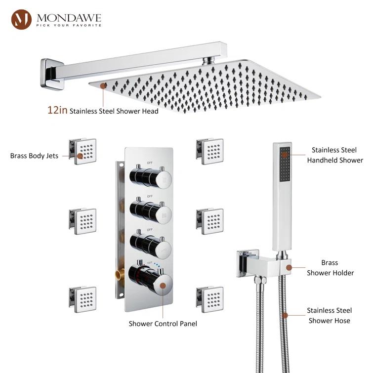 Herathena 3 Functions Wall Mounted Luxury Shower System with 6 Body Jets (Rough-in Valve Included)