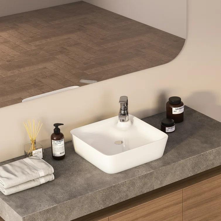 Altair 17'' White Ceramic Square Bathroom Sink with Overflow
