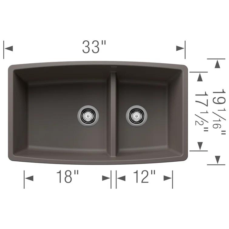 Performa SILGRANIT 33" 60/40 Double Bowl Undermount Kitchen Sink with Low Divide