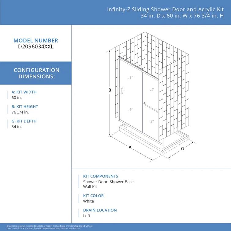 60" W x 34" D x 78" H Semi-Frameless Rectangle Shower Kit