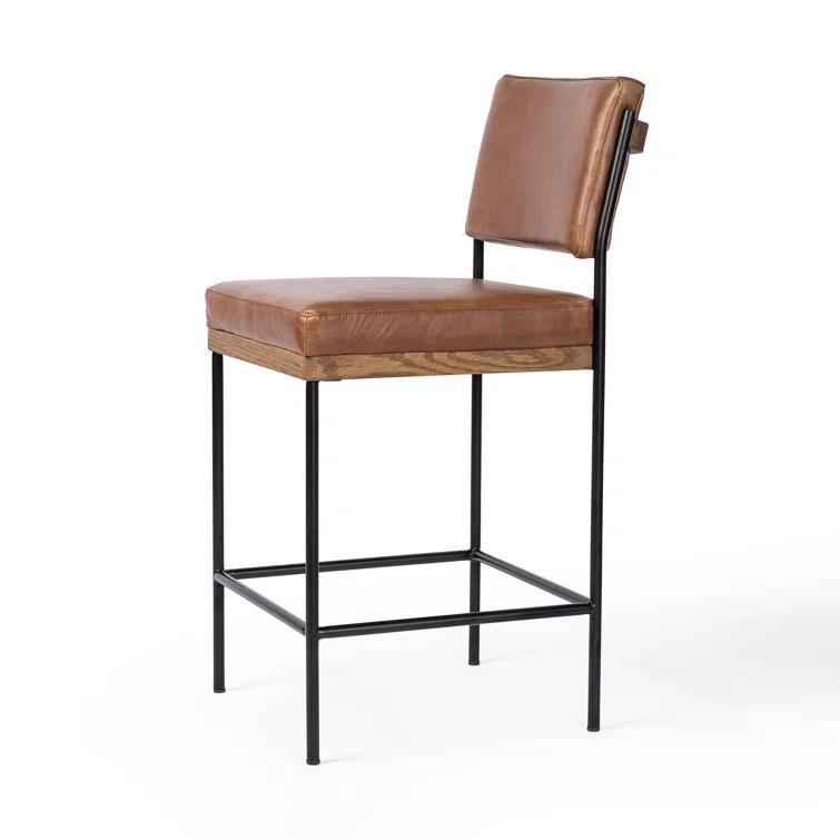 Ellie Sonoma Chestnut Leather Bar Stool with Black Iron Frame