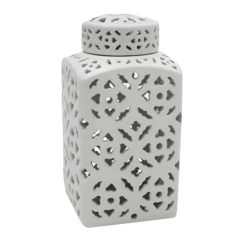 12" White Carved Square Ginger Jar