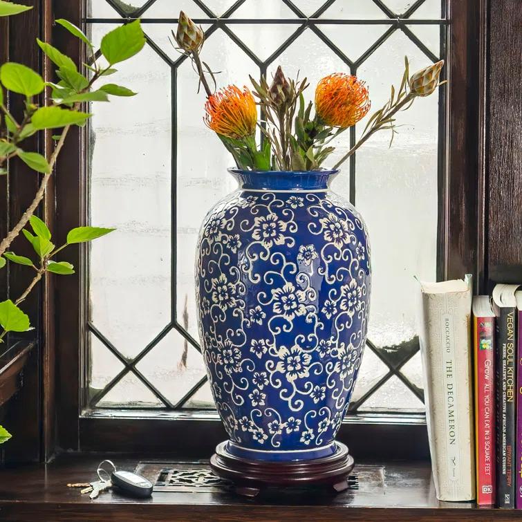 14" White Flowers on Blue Tung Chi Vase