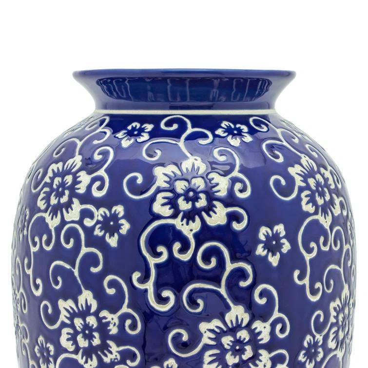 14" White Flowers on Blue Tung Chi Vase