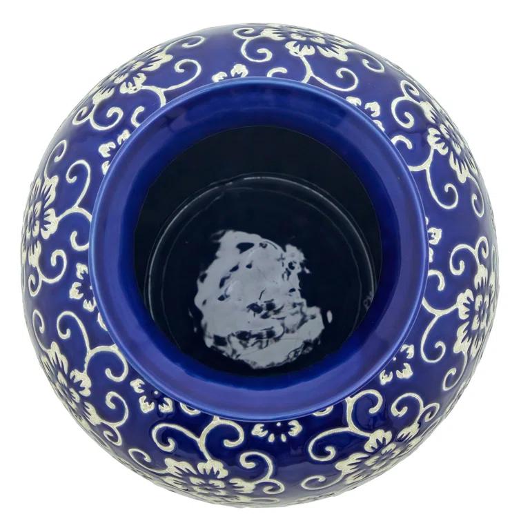 14" White Flowers on Blue Tung Chi Vase