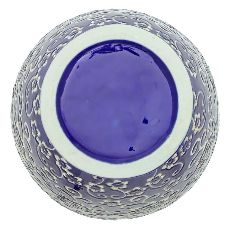 14" White Flowers on Blue Tung Chi Vase