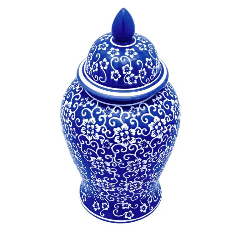 18" White Flowers on Blue Temple Jar