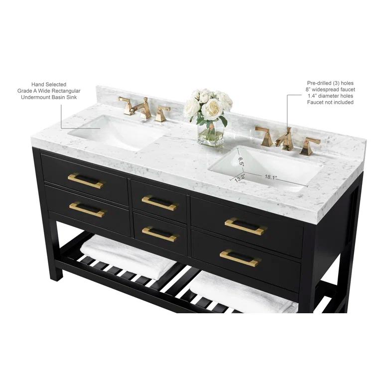 Elizabeth 60'' Black Onyx Double Vanity with Marble Top
