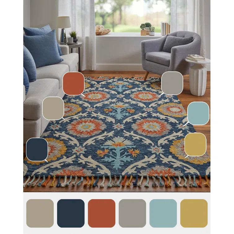 Nomadic Suzani-Inspired Hand Tufted Wool Round Rug in Ocean Blue