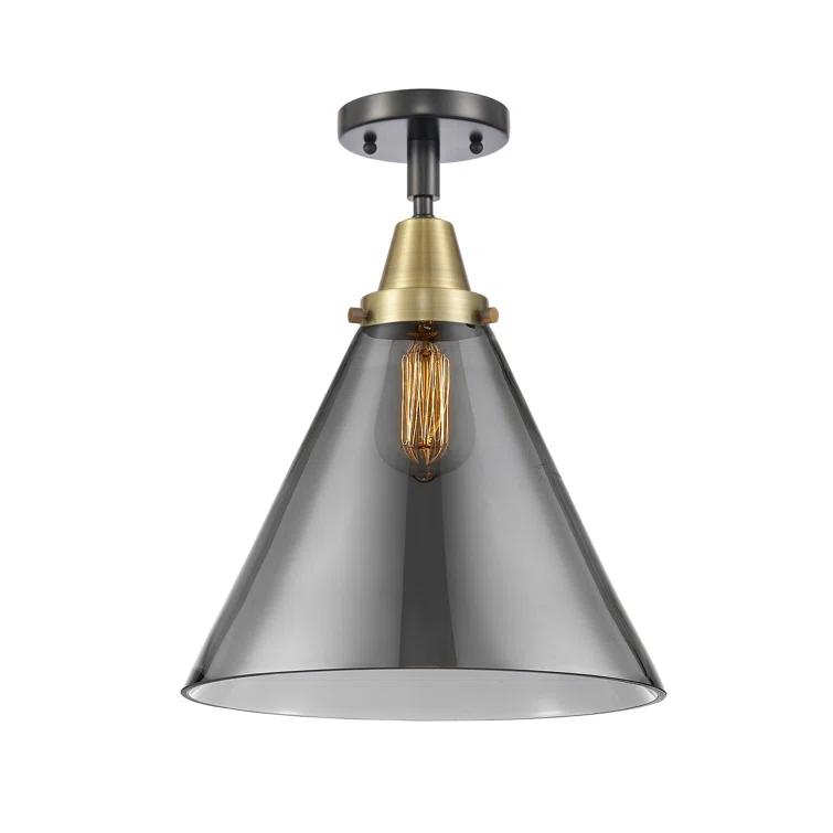 Breakwater Bay Caden Cone - 1 Light 12" Flush Mount - LED Bulb - Black Antique Brass Finish - Light Smoke Shade