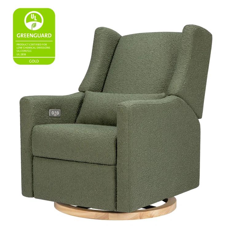 Babyletto Kiwi Olive Green Boucle Nursery Power Glider Recliner Chair with Light Wood Base