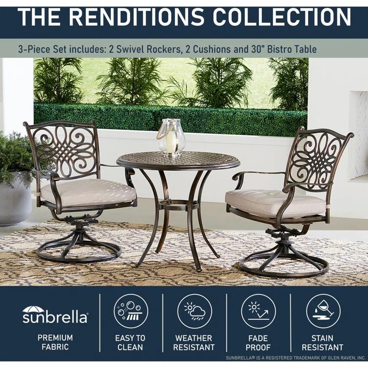 Renditions 3-Piece Set with 2 Swivel Rockers and 32-in. Cast-Top Table, Featuring Sunbrella Fabric