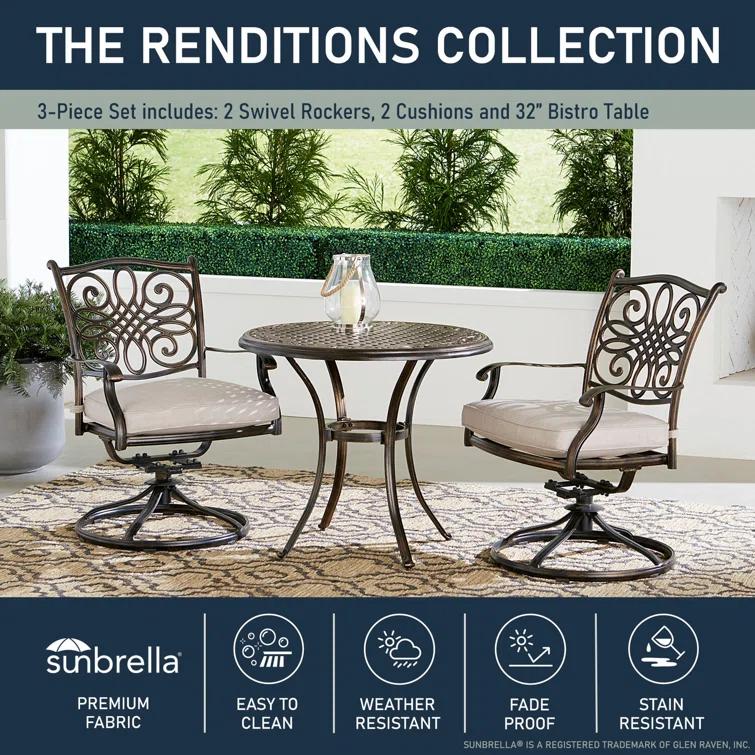Renditions 3-Piece Set with 2 Swivel Rockers and 32-in. Cast-Top Table, Featuring Sunbrella Fabric