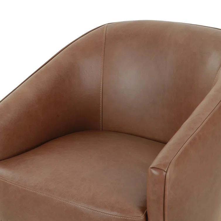 Beige Contemporary Leather-Wood Upholstered Arm Chair 25"W