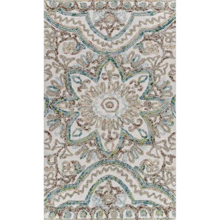 Agra Damask Handmade Tufted Wool Beige/Blue Area Rug