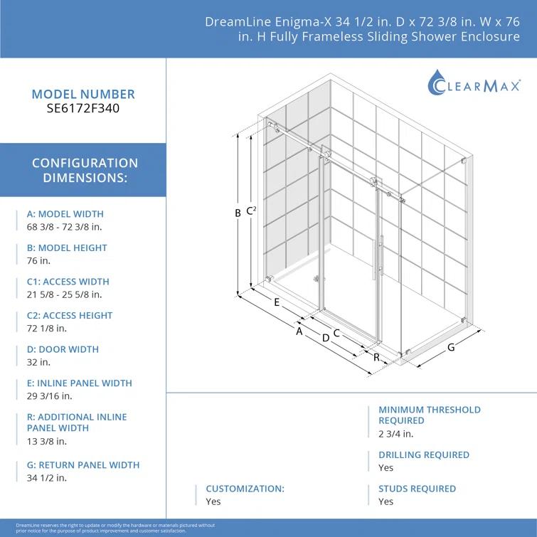 DreamLine 72.38" W x 34.5" D x 76" H Frameless Rectangle Sliding Shower Enclosure SE6172F340VDX06