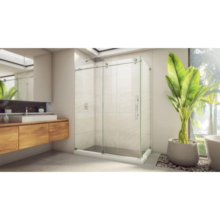 60.38" W x 34.5" D x 76" H Frameless Rectangle Sliding Shower Enclosure