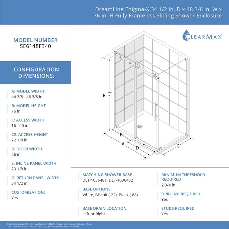 44.38" W x 34.5" D x 76" H FramelessRectangle Sliding Shower Enclosure