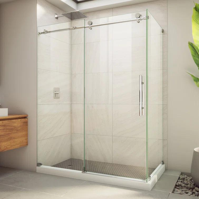 60.38" W x 34.5" D x 76" H Frameless Rectangle Sliding Shower Enclosure