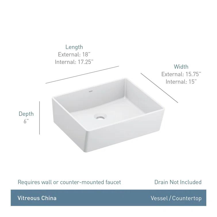Moen BGCW10RV1618 White Vitreous China Vessel Sink For Bathroom, 18 X 15.75 X 6 Inch Rectangle Sink With Porcelain Ceramic Bowl