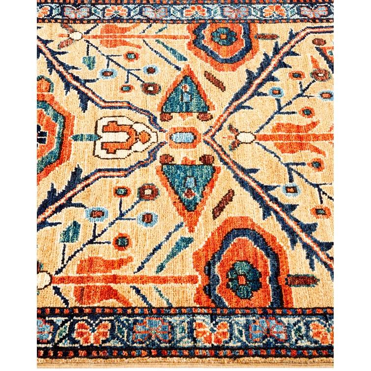 Hand-Knotted Blue and Yellow Geometric Wool Runner Rug