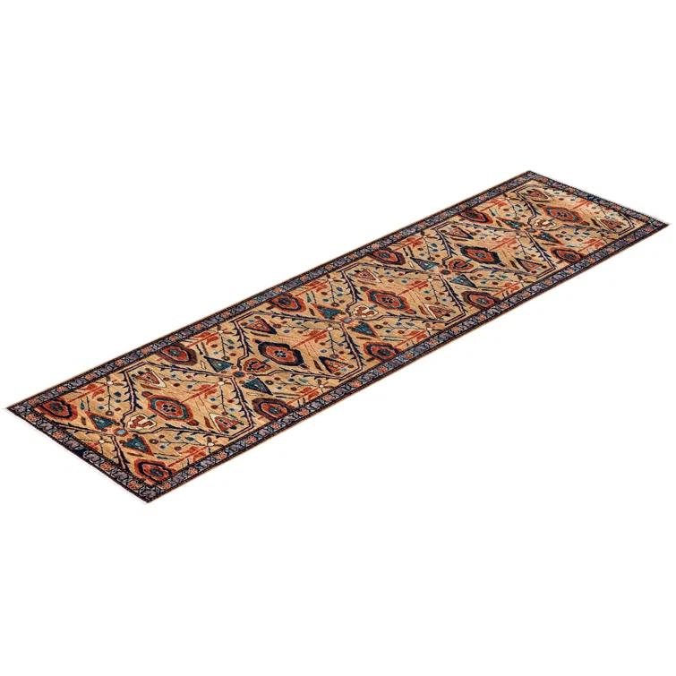 Hand-Knotted Blue and Yellow Geometric Wool Runner Rug