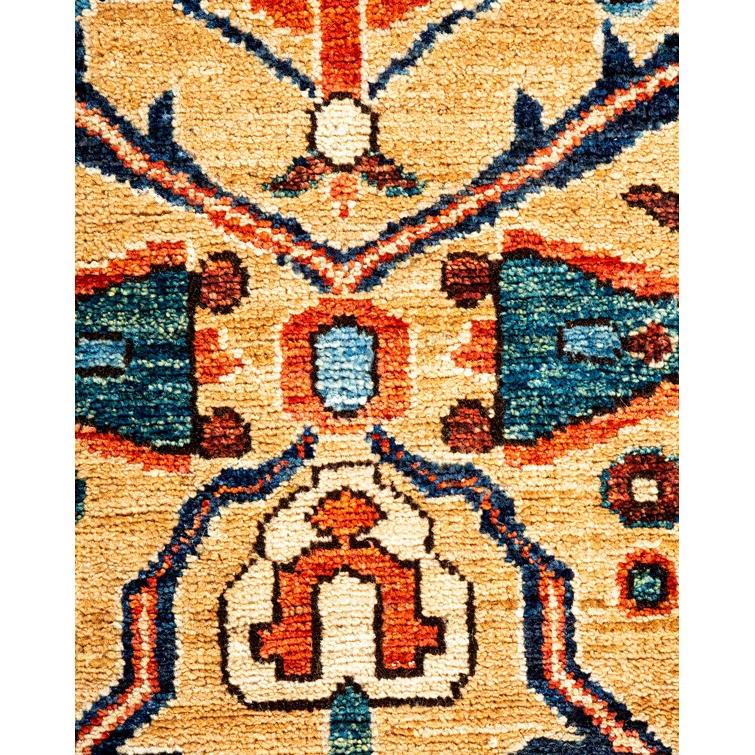 Hand-Knotted Blue and Yellow Geometric Wool Runner Rug