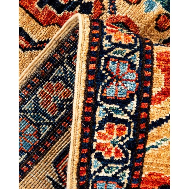 Hand-Knotted Blue and Yellow Geometric Wool Runner Rug