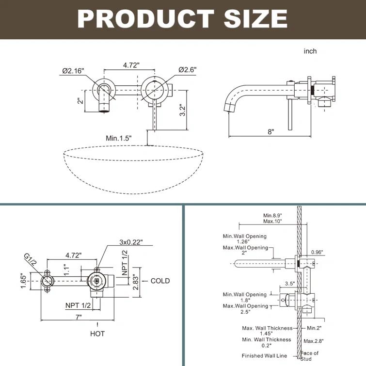 IVIGA Single Handle Wall Mounted Bathroom Faucet for Sink