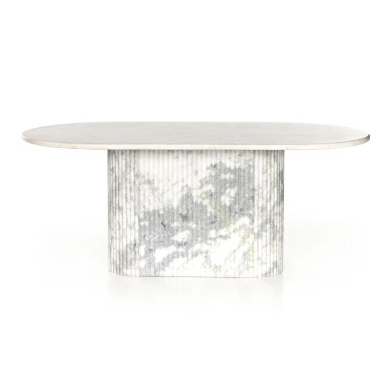 Polished White Marble Oval Dining Table with Fluted Base