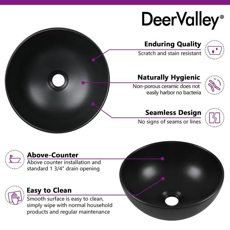 DeerValley Symmetry 13" x 13'' Circular/Round Vitreous Vessel Bathroom Sink