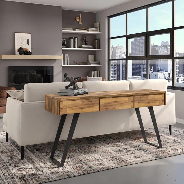 Lowry 60"W Solid Wood Modern Industrial Storage Console Table with 3 Storage Drawers and Metal Legs