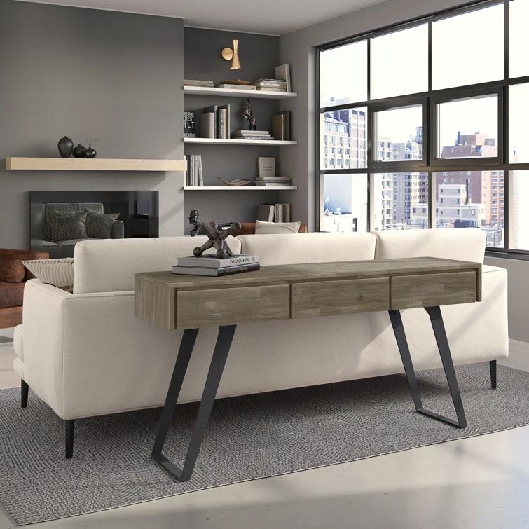 Lowry 60"W Solid Wood Modern Industrial Storage Console Table with 3 Storage Drawers and Metal Legs