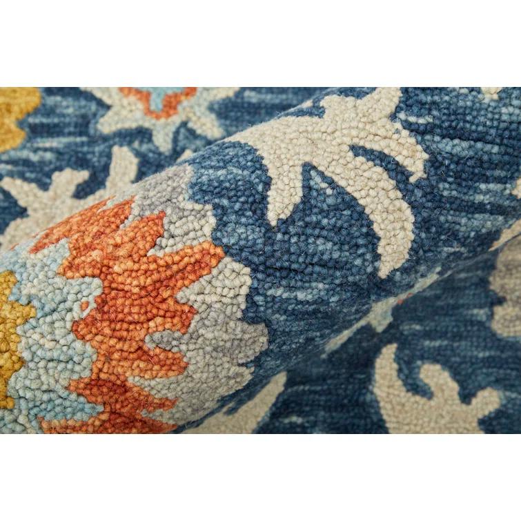Nomadic Suzani-Inspired Hand Tufted Wool Round Rug in Ocean Blue