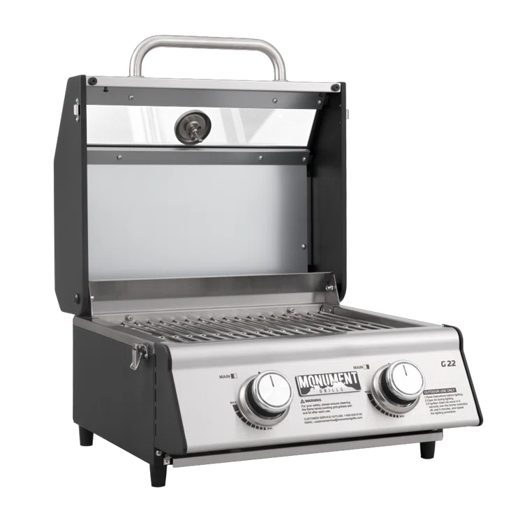 Monument Grills 13742,2-Burner Portable Stainless Steel Tabletop Propane Gas Grill with High Lid and Travel Locks, 15,000 BTU – Perfect for Family BBQs