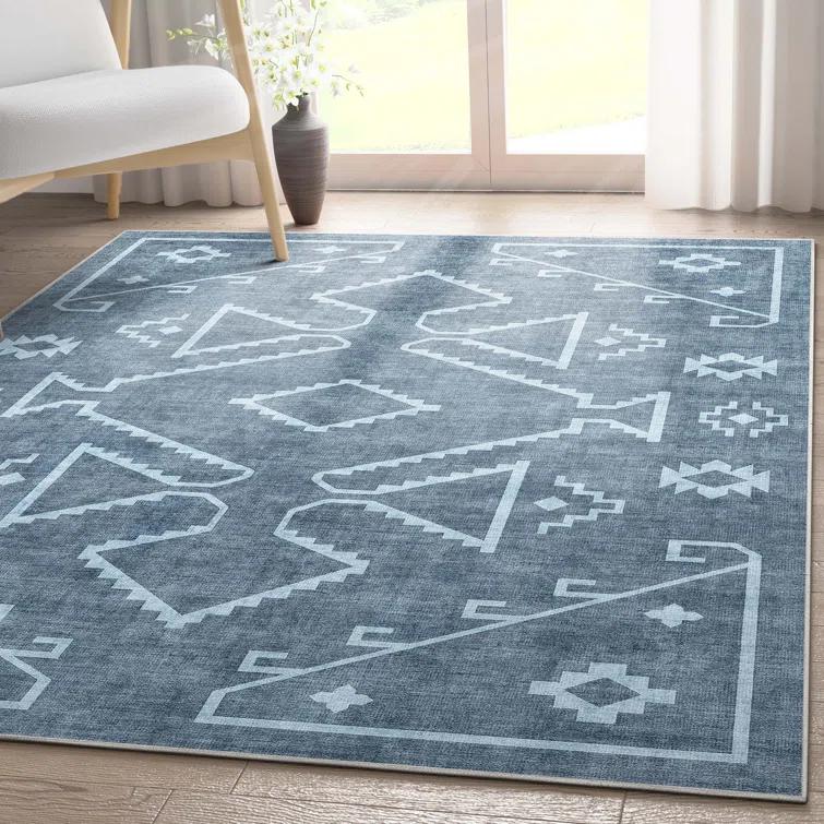 Kehr Bottineau Distressed Southwestern Blue Flat-Weave Rug