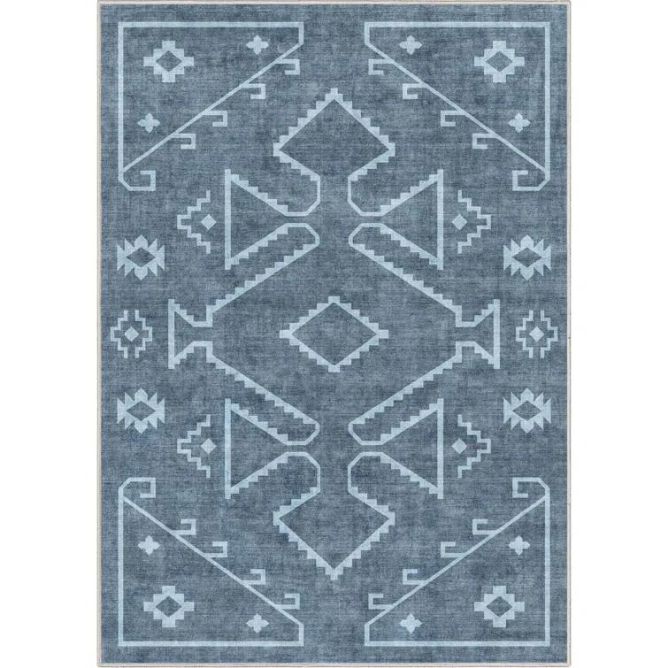 Kehr Bottineau Distressed Southwestern Blue Flat-Weave Rug