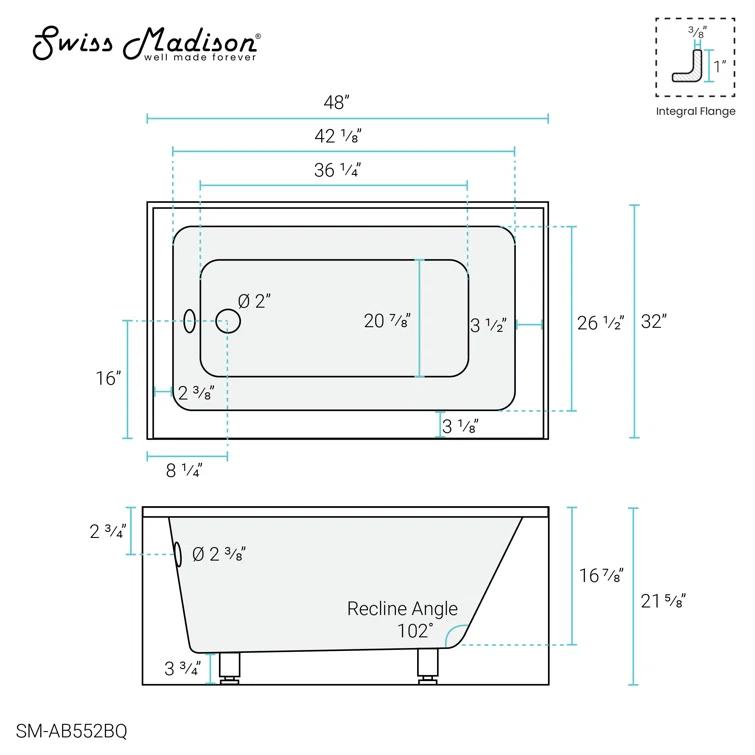 Voltaire 48" x 32" Alcove Bathtub with Apron