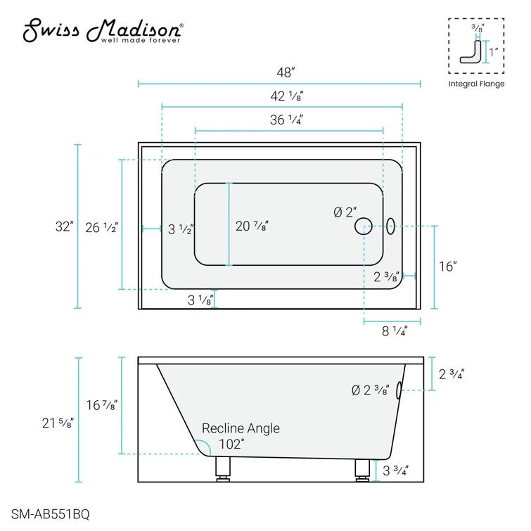 Voltaire 48" x 32" Alcove Bathtub with Apron
