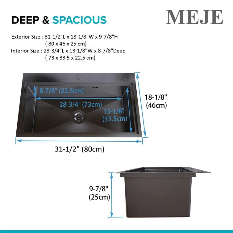 31.5"L Drop-in Stainless Steel Kitchen Sink, Single Large Kitchen Sink with Accessories